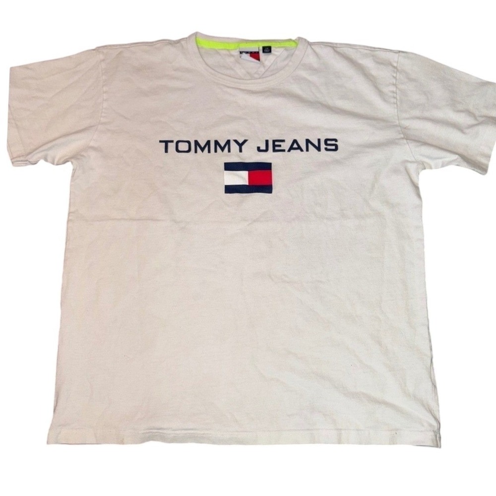 Vintage Tommy Jeans Flag Logo T-Shirt Large White Embroidered Boxy Fit‎ 90s